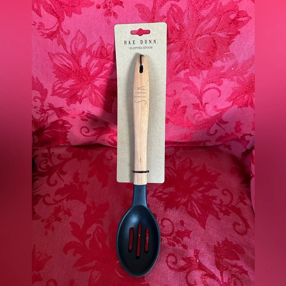 🌵 3/$15 Rae Dunn Wooden Handle Slotted Spoon with 'Stir' Engraving